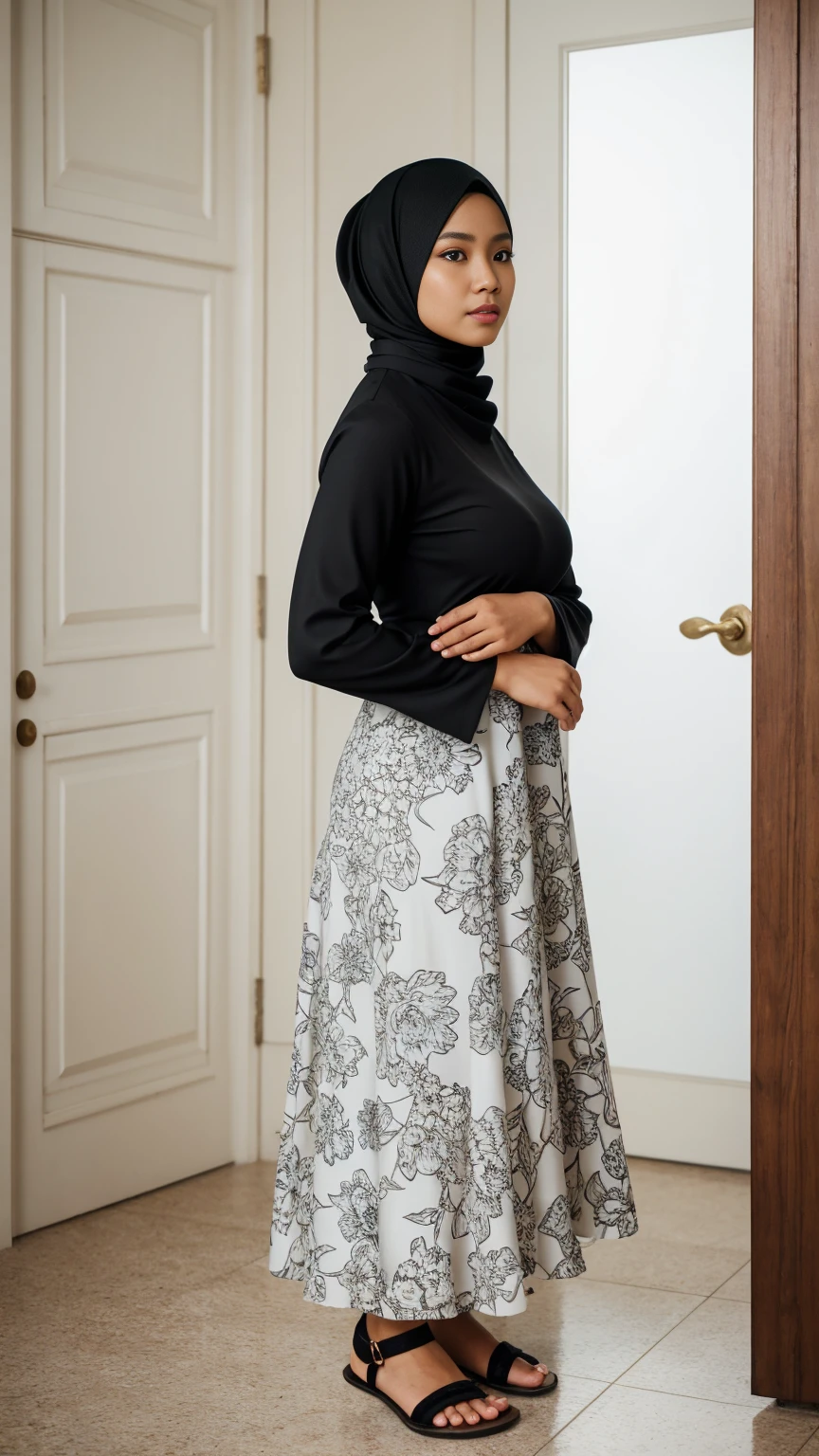 Full body shot of (abbie_cornish:0.6) indonesian girl wearing a hijab, casual shirt, casual dress, long skirt, sandals, in a kitchen,face incredibly detailed, lips, realistic skin, solo,medium breasts,skin tight, puffy ,facial, masterpiece,best quality, Intricate, High Detail, dramatic, front view, wide view,RAW, Best quality, high resolution, masterpiece: 1.3), beautiful Indonesian woman in hijab, perfect hijab, Masterpiece, perfect fit body, big breast,big gorgeous eyes, Soft smile,beautiful face,thick thighs, woman in a black and white floral dress standing in front of a green door, modest flowing gown, beautiful soft silky dress, beautiful silky dress, beautiful detailed dress, stylish dress, swirly flower dress, wearing a long flowery dress, full covered dress, delicate patterned, long dress female, frock, flowery dress, baroque dress, lady with glowing flowers dress , (Delicate turtleneck) , Excellent lighting, Bright colors, Clean lines,