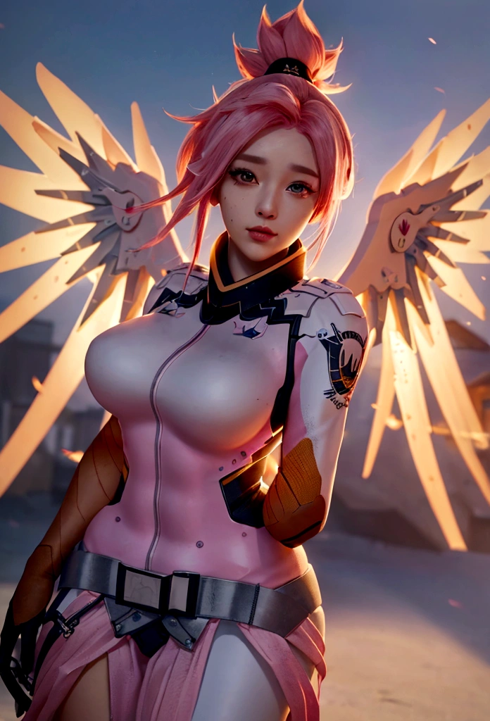 A girl with pink hair, medium breasts, 160 cm tall, a little chubby, wings, Overwatch team member, hyper detailed face, intricate details, masterpiece, 8k, photorealistic, cinematic lighting, vibrant colors, highly detailed, sharp focus, digital art