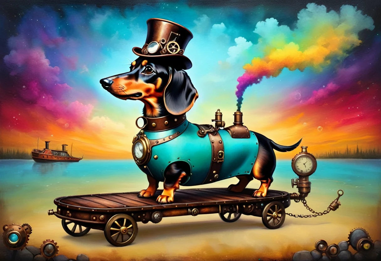 funny dachshund steampunk ( stile by Andy-Kehoe), very colorful, ((oil painting palette)), ((masterpiece)), extreme detail, perspective, 8k