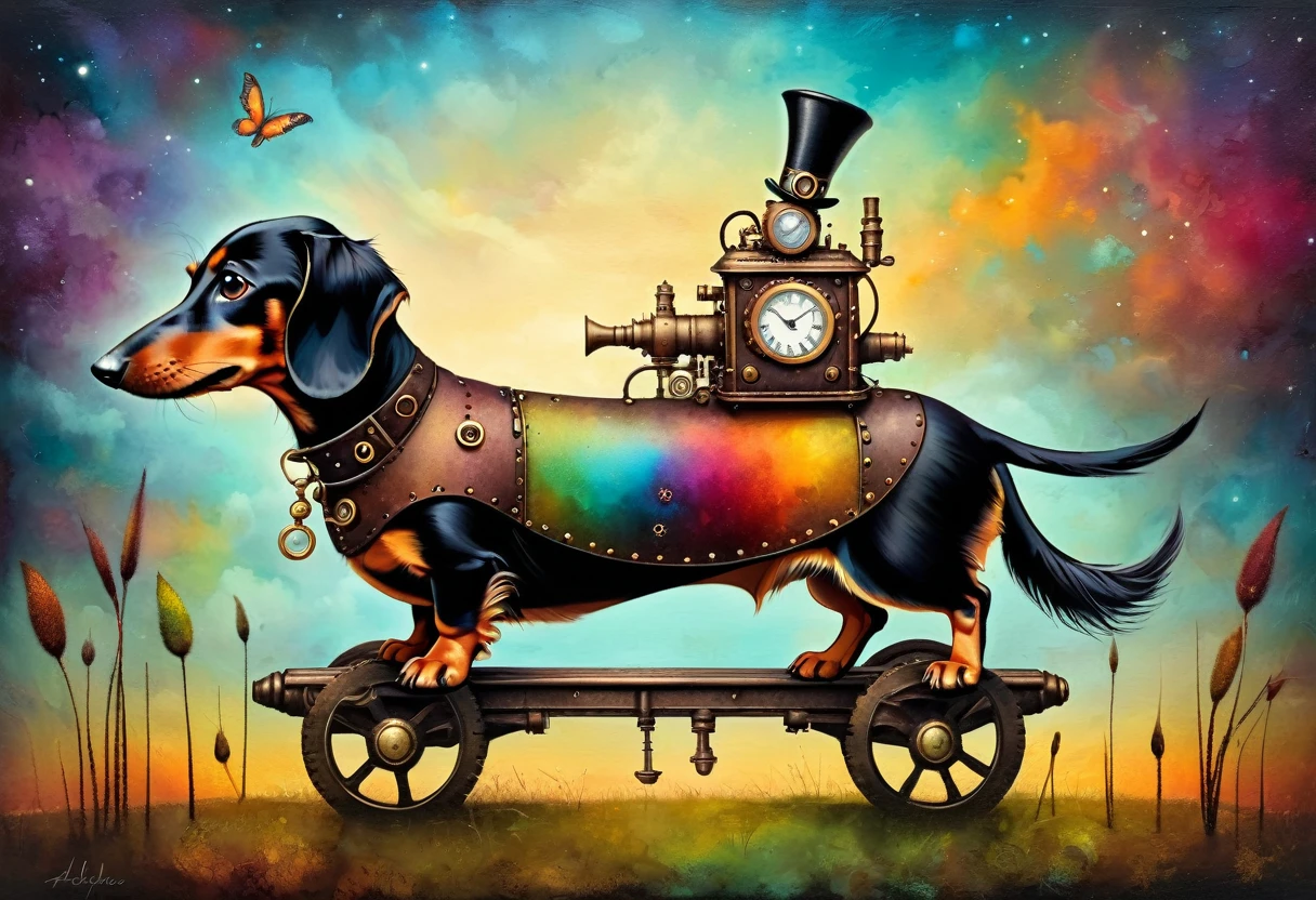 funny dachshund steampunk ( stile by Andy-Kehoe), very colorful, ((oil painting palette)), ((masterpiece)), extreme detail, perspective, 8k