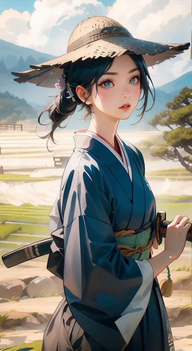 samurai girl, 1 girl, beautiful detailed eyes, beautiful detailed lips, extremely detailed face and eyes, long eyelashes, samurai armor, ((two japanese swords)), rural rice field road, rolling hills, cloudy sky, detailed environment, dramatic lighting, cinematic lighting, dramatic shadows, highly detailed, 8k, photorealistic, hyper detailed, masterpiece, vibrant colors, atmospheric, intricate details、((Knitting hat))