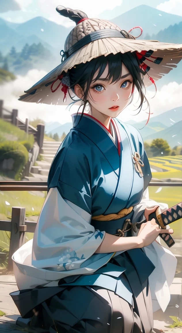 samurai girl, 1 girl, beautiful detailed eyes, beautiful detailed lips, extremely detailed face and eyes, long eyelashes, samurai armor, ((two japanese swords)), rural rice field road, rolling hills, cloudy sky, detailed environment, dramatic lighting, cinematic lighting, dramatic shadows, highly detailed, 8k, photorealistic, hyper detailed, masterpiece, vibrant colors, atmospheric, intricate details、((Knitting hat))
