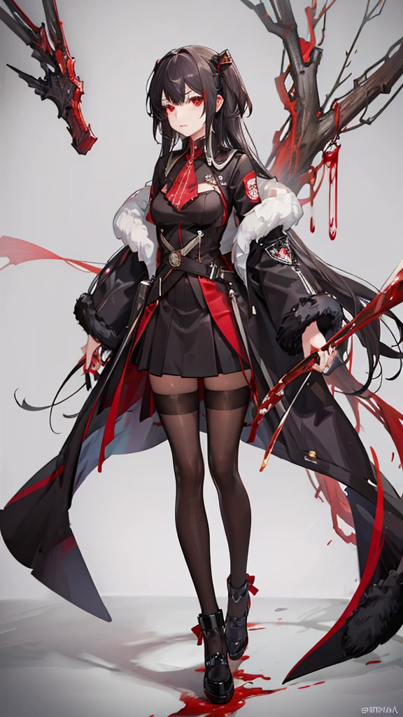 1 girl, black fur, Red eyes, suit and skirt, surrounded by red lines of blood 