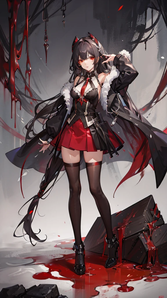 1 girl, black fur, Red eyes, suit and skirt, surrounded by red lines of blood