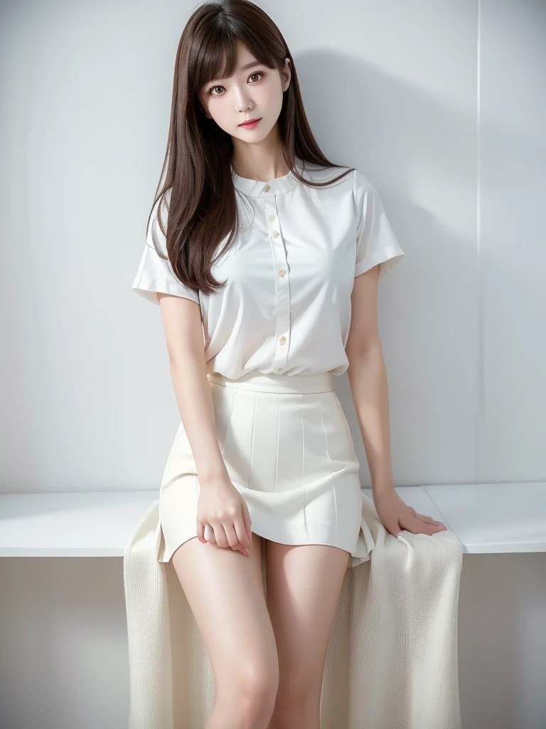 White Room、Red mid-length skirt  、White blouse、(Highest quality)、((Very detailed))、4K、(8K)、masterpiece、Super detailed、Highest quality、Super Resolution、One person、Kind Face、Soft Light、Raw quality、Soft Skin、Heel、Thighs、163cm