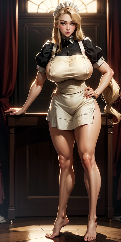 1girl enormous massive breasts , cute, ((Short black hair girl and long blonde hair girl)), maid victorian, maid apron, straight face, dazed, Body position: Standing, straight, symmetrical, barefoot, Lustful smile on face with red blush,