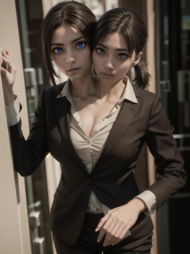kobenihigashiyama, kobeni higashiyama, black hair, hair ornament, hairclip, mole, mole under eye, ponytail, short hair, (brown eyes:1.5),
BREAK black necktie, black pants, business suit, formal, long sleeves, necktie, pants, suit, collarbone,
BREAK indoors, office,
BREAK looking at viewer, upper body,
BREAK (masterpiece:1.2), best quality, high resolution, unity 8k wallpaper, (illustration:0.8), (beautiful detailed eyes:1.6), extremely detailed face, perfect lighting, extremely detailed CG, (perfect hands), conjoined_dicephalus, (2heads:1.4)