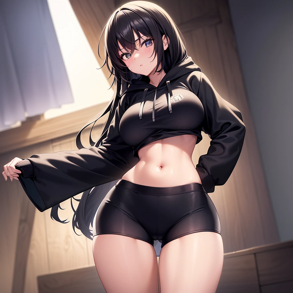 (black hoodie), (athletic shorts), (insane lighting), (wide hips and boobs), solo, 1girl, masterpiece, ultra high quality, very high definition, perfect generation, beautiful woman wearing a hoodie and shorts