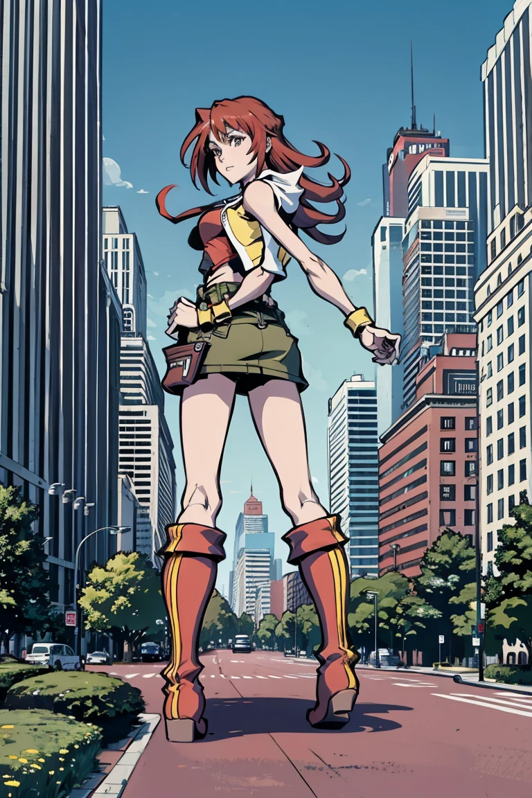 giantess art, tall and athletic girl,  long red hair, Super huge, Mini Length Skirt, very small metropolis, Trying to crush a miniature metropolis, Full body depiction, gts, giga giantess, giantess, stomping city, crash city, tiny city, micro city,