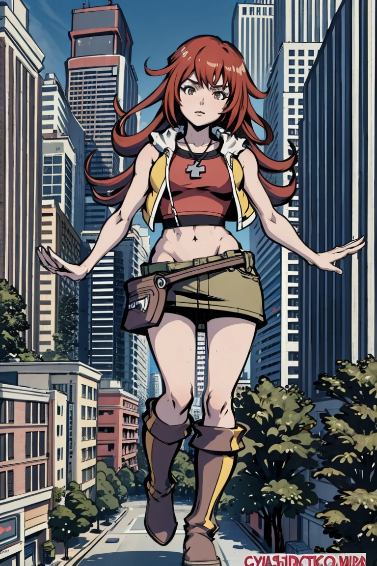 giantess art, tall and athletic girl,  long red hair, Super huge, Mini Length Skirt, very small metropolis, Trying to crush a miniature metropolis, Full body depiction, gts, giga giantess, giantess, stomping city, crash city, tiny city, micro city,