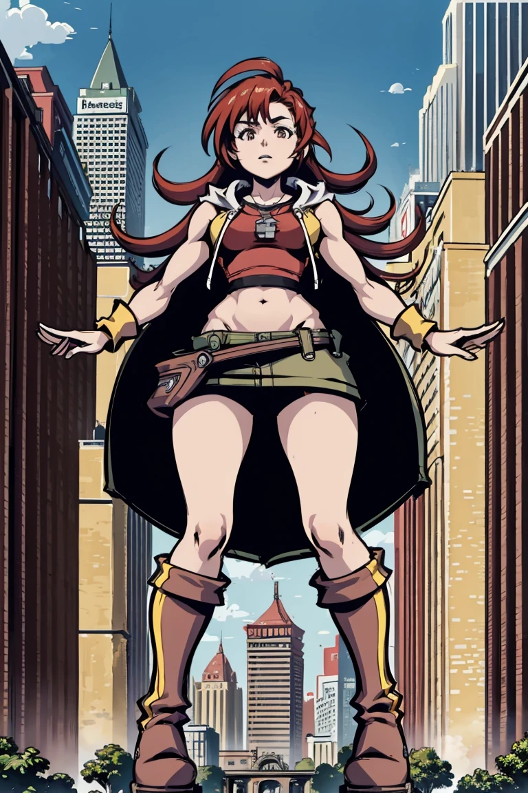 giantess art, tall and athletic girl, long red hair, Super huge, Mini Length Skirt, very small metropolis, Trying to crush a miniature metropolis, Full body depiction, gts, giga giantess, giantess, stomping city, crash city, tiny city, micro city,