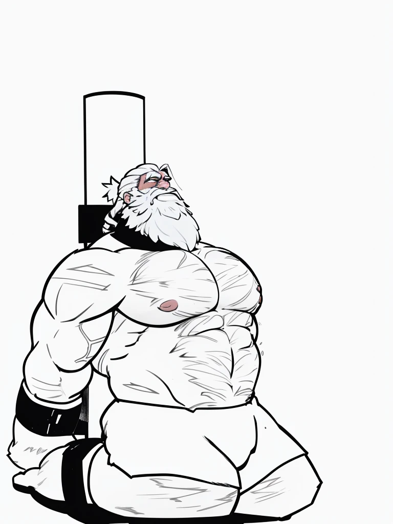 Solo, torso of white bearded shirtless topless old muscular man, his arms up, armpits, his hands chained over his head, gigachad muscular, longand fluffy beard, :: high detail, muscular!, super buff and cool, muscular! white, commission for high res, muscular!!, very buff, white eye brows, strong chest, strong arms, large muscles, muscular, thick waist, big body, tall thick body, wet, wide body, sexual appeal, big blue eyed, man bun hairstyle, chubby belly, white hairy chest, sleeping, in the dark prison
