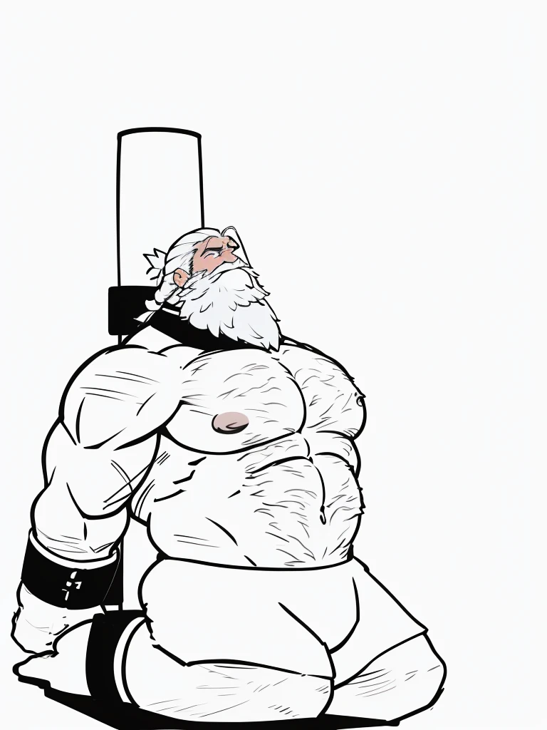Solo, torso of white bearded shirtless topless old muscular man, his arms up, armpits, his hands chained over his head, gigachad muscular, longand fluffy beard, :: high detail, muscular!, super buff and cool, muscular! white, commission for high res, muscular!!, very buff, white eye brows, strong chest, strong arms, large muscles, muscular, thick waist, big body, tall thick body, wet, wide body, sexual appeal, big blue eyed, man bun hairstyle, chubby belly, white hairy chest, sleeping, in the dark prison