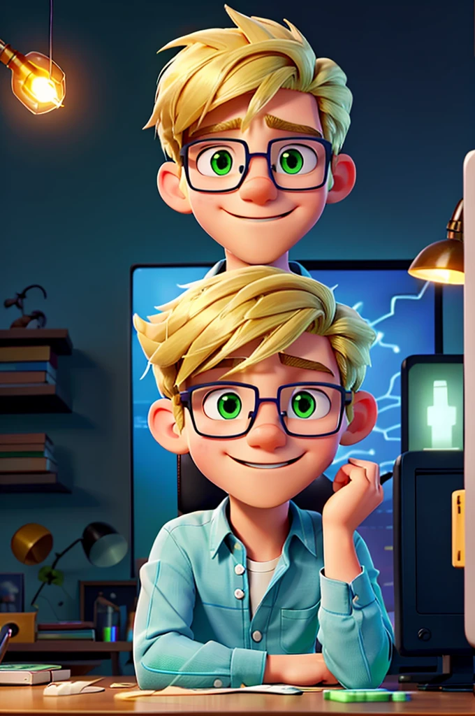 A blond man, young and enthusiastic, wearing glasses and a casual shirt, doing magic on a computer Tiny sparks of blue and green light are coming out of the man&#39;s fingers,