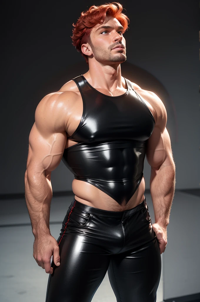 Masterpiece, Best Quality, Solo,Manuel Ferrara with big muscular,wide shoulder,big tricep, studio simple background, Natural eyes, Short and delicate red hair, ???? Man, looking up at the viewer,black tight leather tank top,black leather shiny tight pants , Small plots, Standing, Muscular posture
