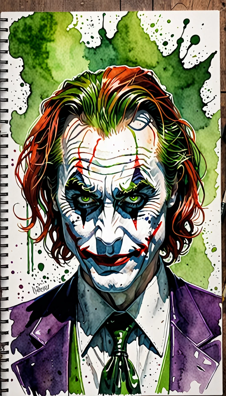 Rustic Sketchbook Style, Sketch Book, Hand Drawn, Dark, Gritty, Realistic Sketch, Rough Sketch, Mix of Bold Dark Lines and Loose Lines, Bold Lines, On Paper, Turnaround Character Sheet, a ((the old rusty shank)), ((red hair)), ((garbage black dress)), ((green eyes)), ((nicholas cage lee pace Willem Dafoe Steve Buscemi)), ((the gorgon evil medusa elf)), ((50 years old)), Natural Light, Dynamic, Highly Detailed, Watercolor Painting, Watercolor Paper, Artstation, Concept Art, Smooth and Crisp, Sharp Focus, Illustration, High Shot, Slim Body, ((the joker)), ((vampire demon energy drainer)), ((master of decaying and mediocre jelly)), ((arrogant cringy adult)), ( (Full Body), (Runes Symbols), Clear Theme, Perfect Composition Ratio, Masterpiece, Best Quality, 4K, Sharp Focus. Better Hand, Perfect 