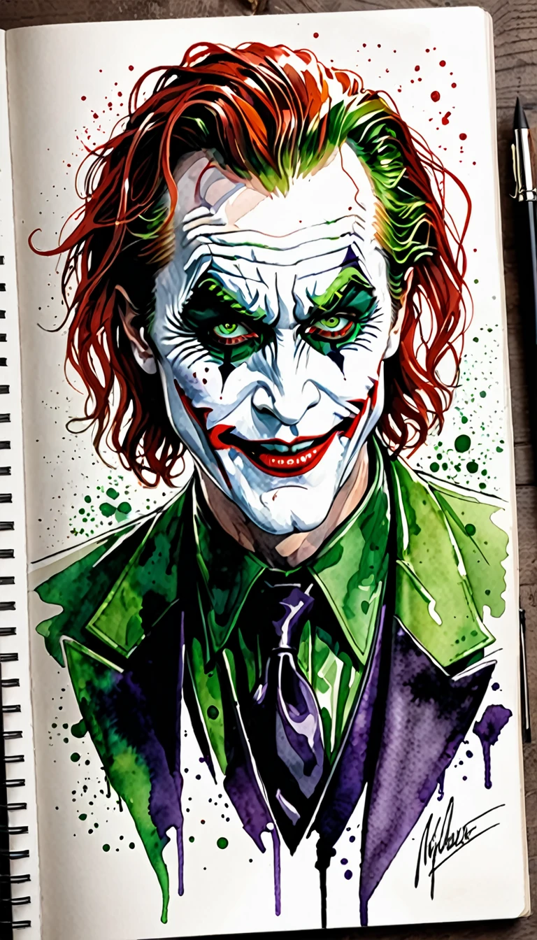 Rustic Sketchbook Style, Sketch Book, Hand Drawn, Dark, Gritty, Realistic Sketch, Rough Sketch, Mix of Bold Dark Lines and Loose Lines, Bold Lines, On Paper, Turnaround Character Sheet, a ((the old rusty shank)), ((red hair)), ((garbage black dress)), ((green eyes)), ((nicholas cage lee pace Willem Dafoe Steve Buscemi)), ((the gorgon evil medusa elf)), ((50 years old)), Natural Light, Dynamic, Highly Detailed, Watercolor Painting, Watercolor Paper, Artstation, Concept Art, Smooth and Crisp, Sharp Focus, Illustration, High Shot, Slim Body, ((the joker)), ((vampire demon energy drainer)), ((master of decaying and mediocre jelly)), ((arrogant cringy adult)), ( (Full Body), (Runes Symbols), Clear Theme, Perfect Composition Ratio, Masterpiece, Best Quality, 4K, Sharp Focus. Better Hand, Perfect 