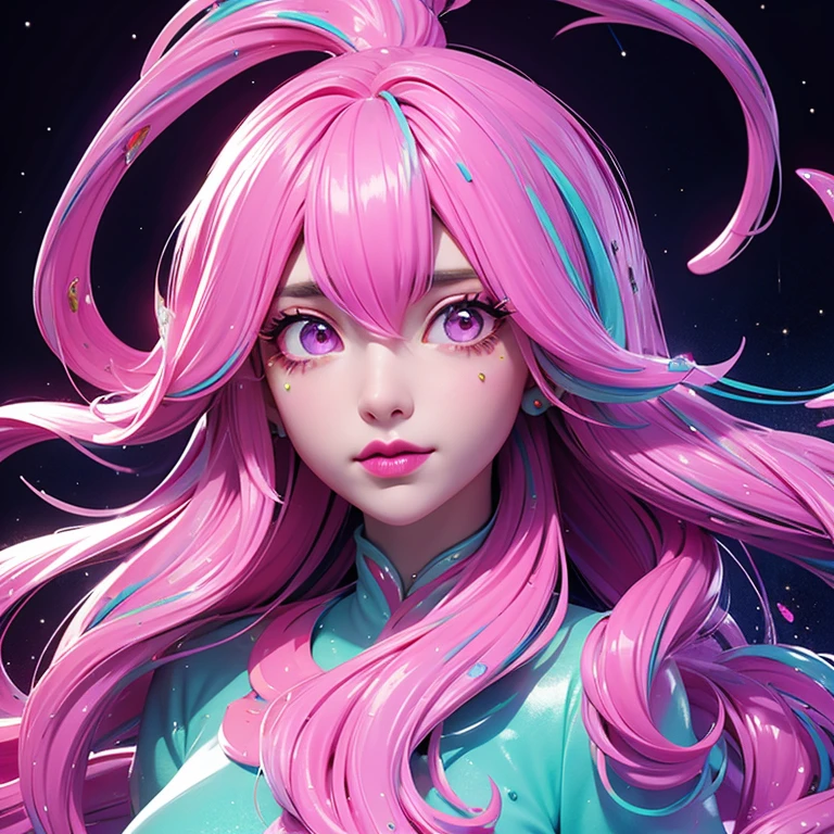 a portrait of a woman who looks very bored, glitter slime dripping from her face, she has long hair with colored streaks, neon lipstick