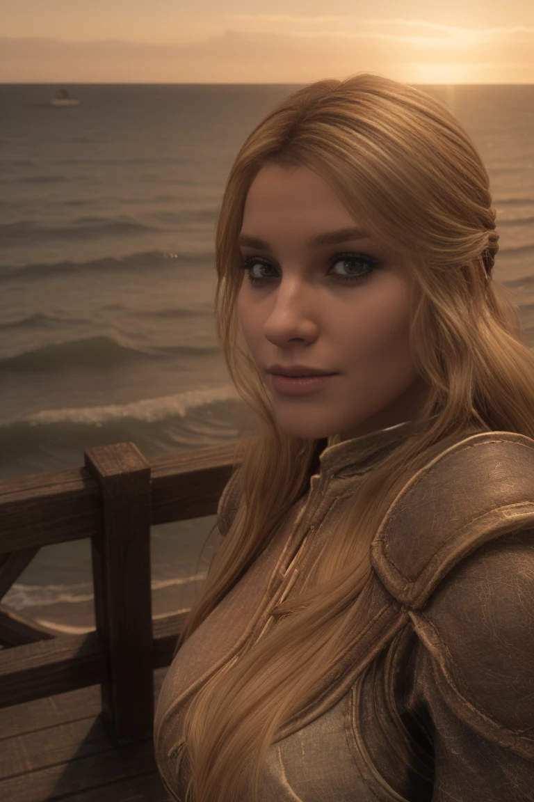closeup shot of a stunning female Breton maiden stands poised on the weathered deck of a majestic ship at sunset in Skyrim. Her porcelain skin glows softly, illuminated by the warm rays of the rising sun. Delicate features and raven tresses frame her enigmatic smile as she gazes out to sea, the wind gently tousling her locks, blonde hair,female breton