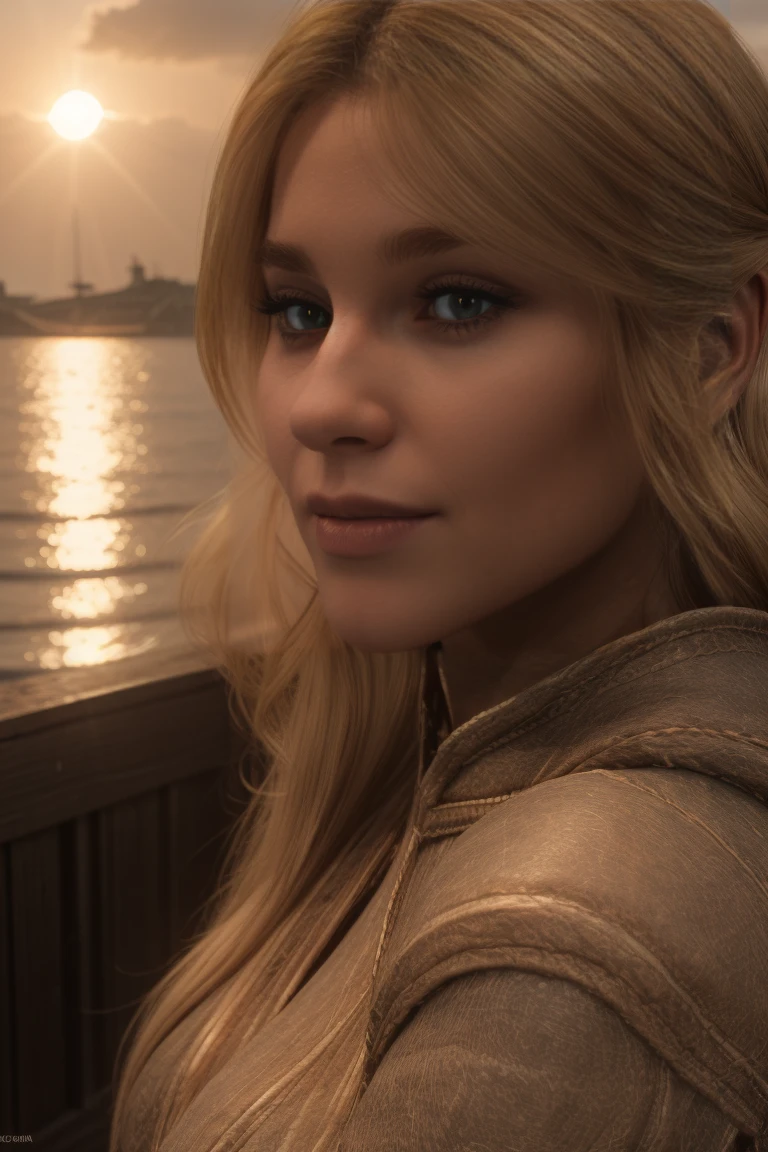 closeup shot of a stunning female Breton maiden stands poised on the weathered deck of a majestic ship at sunset in Skyrim. Her porcelain skin glows softly, illuminated by the warm rays of the rising sun. Delicate features and raven tresses frame her enigmatic smile as she gazes out to sea, the wind gently tousling her locks, blonde hair,female breton