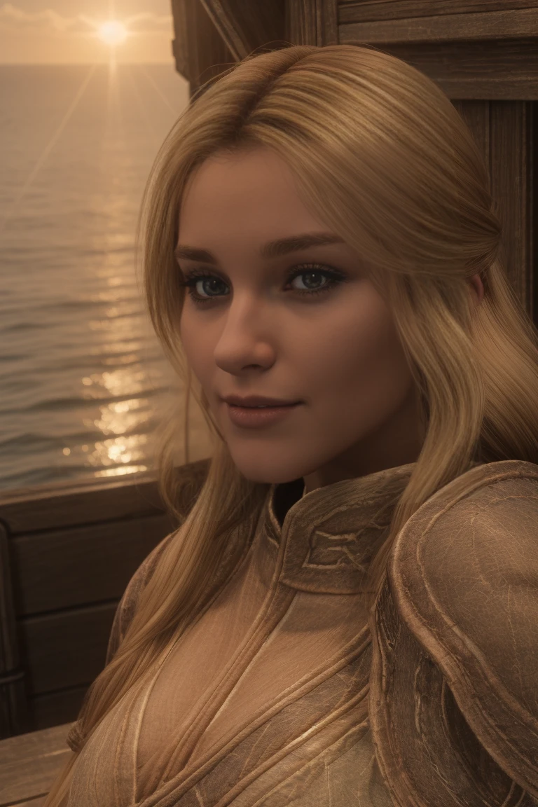 closeup shot of a stunning female Breton maiden stands poised on the weathered deck of a majestic ship at sunset in Skyrim. Her porcelain skin glows softly, illuminated by the warm rays of the rising sun. Delicate features and raven tresses frame her enigmatic smile as she gazes out to sea, the wind gently tousling her locks, blonde hair,female breton