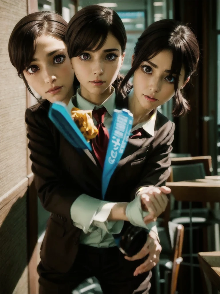 kobenihigashiyama, kobeni higashiyama, black hair, hair ornament, hairclip, mole, mole under eye, ponytail, short hair, (brown eyes:1.5),
BREAK black necktie, black pants, business suit, formal, long sleeves, necktie, pants, suit, collarbone,
BREAK indoors, office,
BREAK looking at viewer, upper body,
BREAK (masterpiece:1.2), best quality, high resolution, unity 8k wallpaper, (illustration:0.8), (beautiful detailed eyes:1.6), extremely detailed face, perfect lighting, extremely detailed CG, (perfect hands), conjoined_dicephalus, (2heads:1.4)