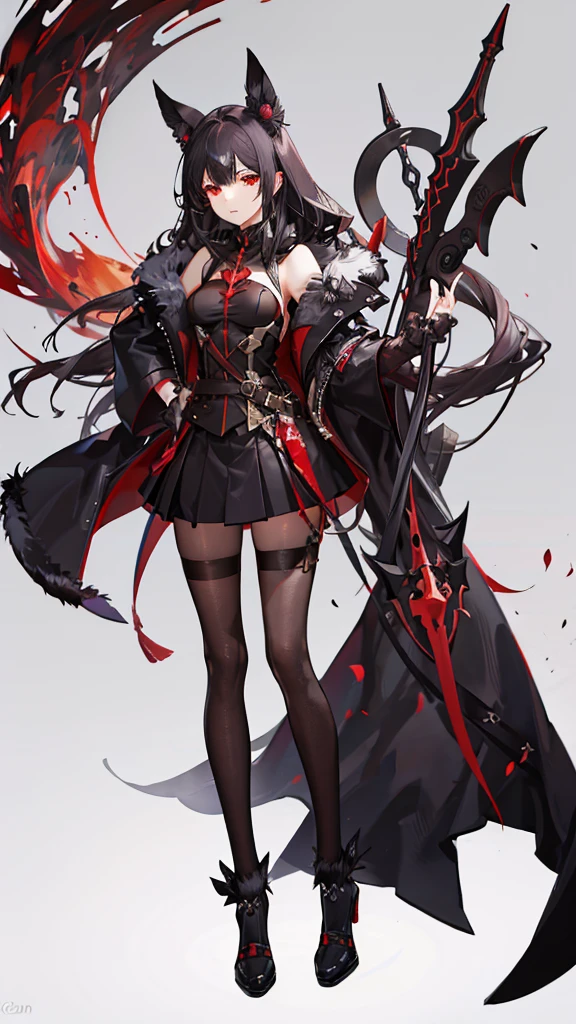 1 girl, black fur, Red eyes, suit and skirt, with a red sphere on the tip of his index finger and red whips coming out of that sphere