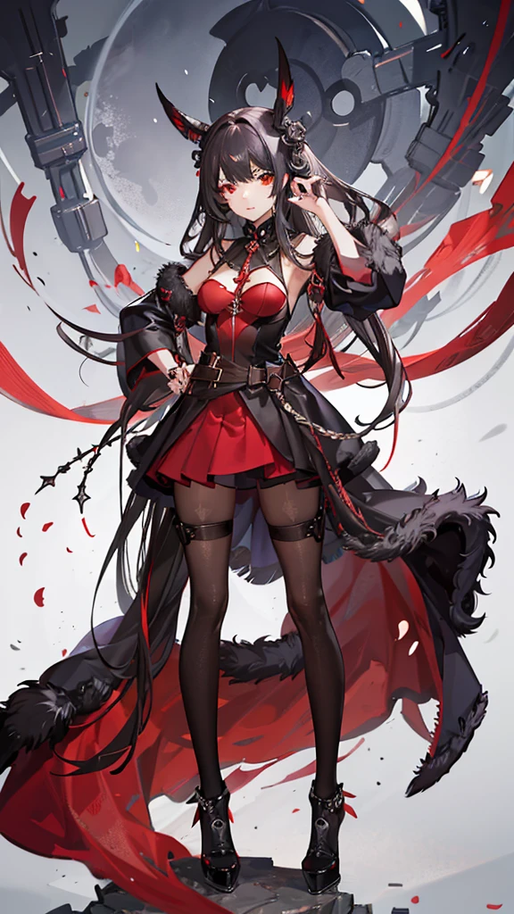 1 girl, black fur, Red eyes, suit and skirt, with a red sphere on the tip of his index finger and red whips coming out of that sphere