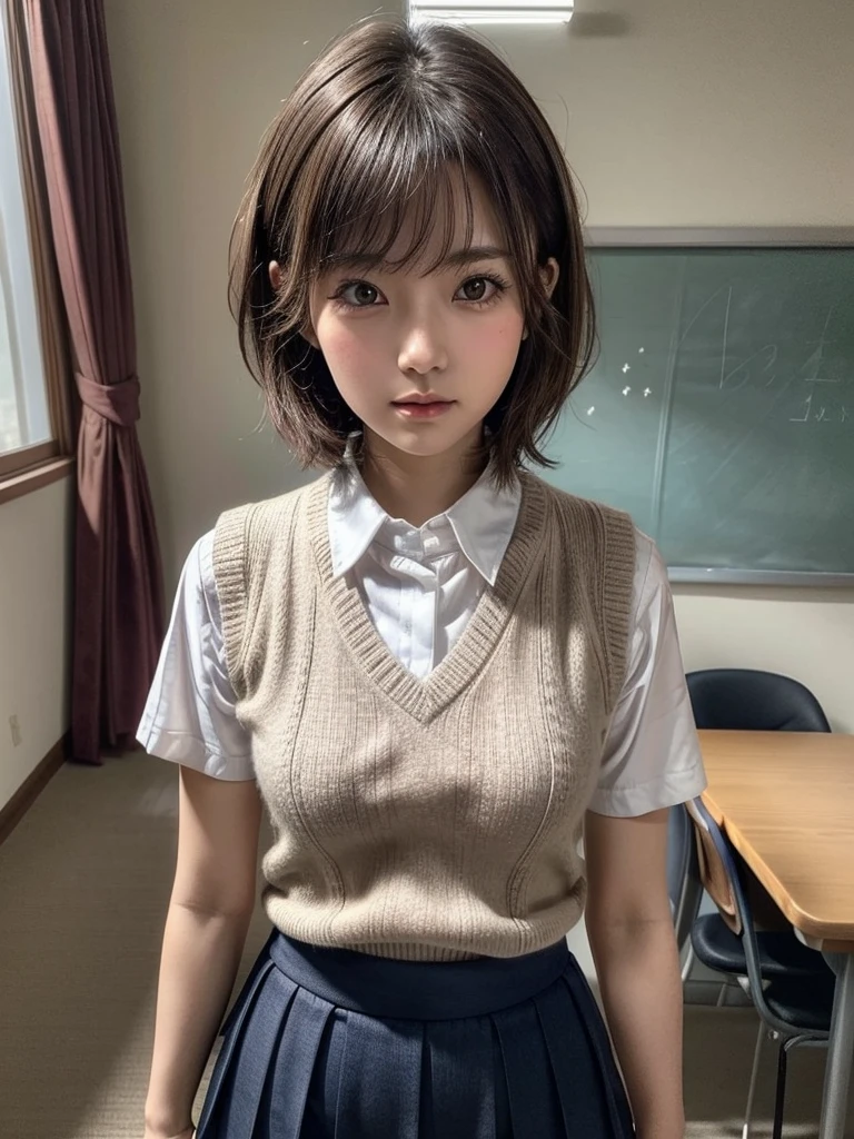 Masterpiece, Top Quality, Top Mikoto, brown eyes, short hair, small breasts, looking at viewer, alone, closed mouth, collared shirt, beige knit vest, dark blue  Skirt, school_uniform, shirt, white_shirt, classroom,Masterpiece, highest quality, 8K, detailed skin texture, fine cloth texture, beautiful detailed face, intricate details, super detailed,cute,cute posing,composition that shows the whole body,