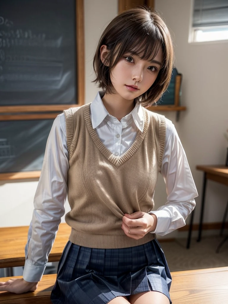 Masterpiece, Top Quality, Top Mikoto, brown eyes, short hair, small breasts, looking at viewer, alone, closed mouth, collared shirt, beige knit vest, dark blue  Skirt, school_uniform, shirt, white_shirt, classroom,Masterpiece, highest quality, 8K, detailed skin texture, fine cloth texture, beautiful detailed face, intricate details, super detailed,cute,cute posing,composition that shows the whole body,