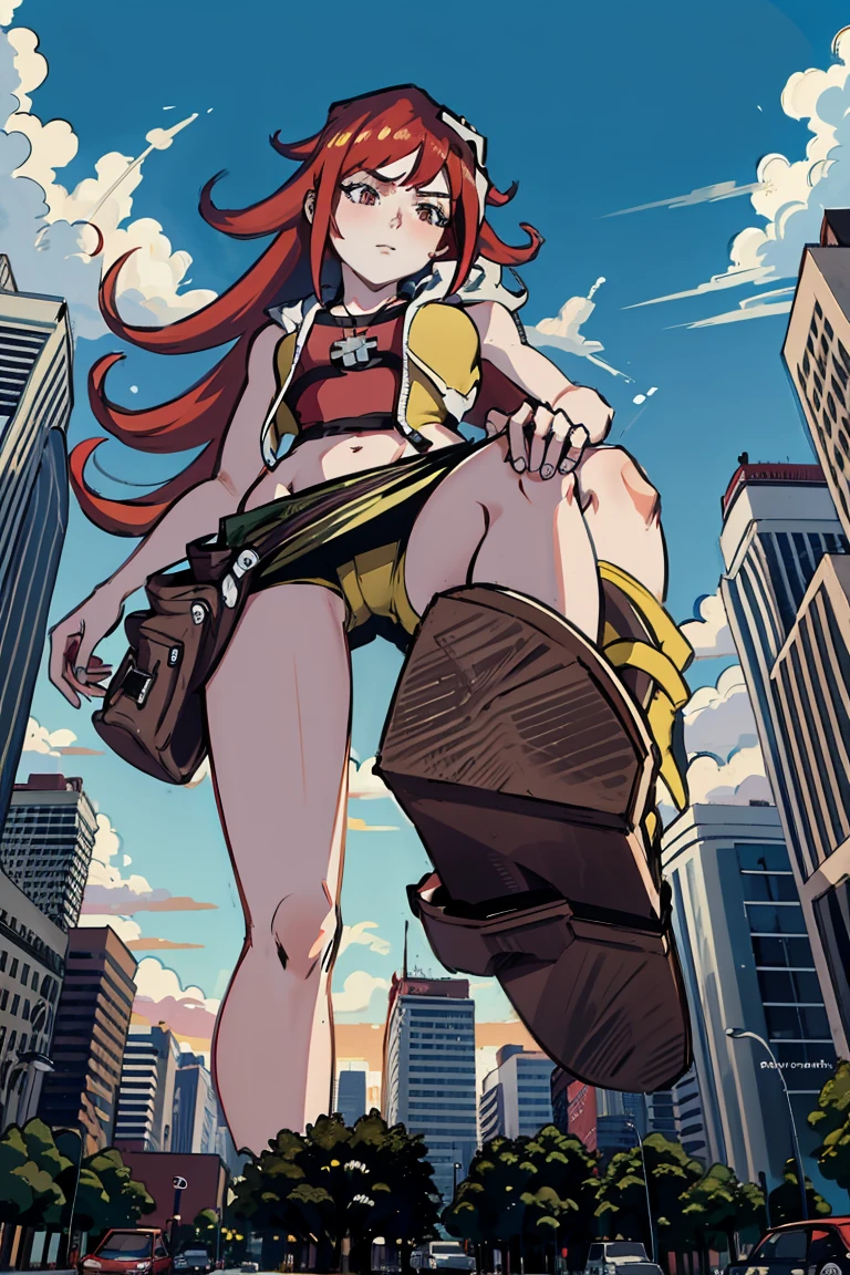 giantess art, tall and athletic girl,  long red hair, Super huge, Mini Length Skirt, very small metropolis, Trying to crush a miniature metropolis, Full body depiction, gts, giga giantess, giantess, stomping city, crash city, tiny city, micro city,