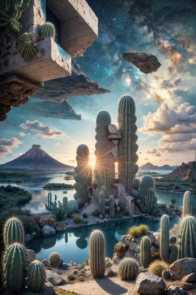 An illustration, collage style, David Hockney visual style, (((Luis Barragán's architectural style houses in middle of a lake))), big boulders, little cascade, mountains, volcanos, volcanic landscape, pool, stairs, beautiful gardens, abundant vegetation, cacti, agave, big clouds, sunset. Magazine cover, serif tipography, editorial design, masterpiece, An illustration in collage style, con rocas gigantes, Brutalist construction sections, escaleras, cactus, agave, textura de concreto, Multiple geometric shapes, hatch and cross hatching, planeta Saturno. ((masterpiece, best quality)),illustration,ultra detailed 8k. (((An illustration of a build designed by Luis Barragán))), with a desertic vegetation garden, (big rocks), ((cacti)), lake, volcano in horizon, smooth clouds, (((illustration collage format))), ((Escher's art style)), (((multiple sections))), (violet, blue, olive green, grey, black and white), hard shadows, (((geometric sculptures))), concrete sculptures, high contrast, dramatic, cinematographic, ((milky way galaxy)), intricate, intricate details, sharp focus,landscape