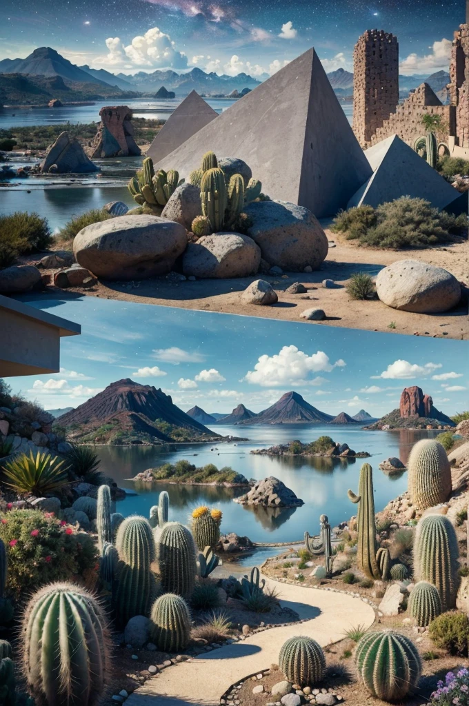 An illustration, collage style, David Hockney visual style, (((Luis Barragán's architectural style houses in middle of a lake))), big boulders, little cascade, mountains, volcanos, volcanic landscape, pool, stairs, beautiful gardens, abundant vegetation, cacti, agave, big clouds, sunset. Magazine cover, serif tipography, editorial design, masterpiece, An illustration in collage style, con rocas gigantes, Brutalist construction sections, escaleras, cactus, agave, textura de concreto, Multiple geometric shapes, hatch and cross hatching, planeta Saturno. ((masterpiece, best quality)),illustration,ultra detailed 8k. (((An illustration of a build designed by Luis Barragán))), with a desertic vegetation garden, (big rocks), ((cacti)), lake, volcano in horizon, smooth clouds, (((illustration collage format))), ((Escher's art style)), (((multiple sections))), (violet, blue, olive green, grey, black and white), hard shadows, (((geometric sculptures))), concrete sculptures, high contrast, dramatic, cinematographic, ((milky way galaxy)), intricate, intricate details, sharp focus,landscape