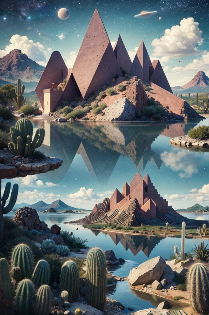 An illustration, collage style, David Hockney visual style, (((Luis Barragán's architectural style houses in middle of a lake))), big boulders, little cascade, mountains, volcanos, volcanic landscape, pool, stairs, beautiful gardens, abundant vegetation, cacti, agave, big clouds, sunset. Magazine cover, serif tipography, editorial design, masterpiece, An illustration in collage style, con rocas gigantes, Brutalist construction sections, escaleras, cactus, agave, textura de concreto, Multiple geometric shapes, hatch and cross hatching, planeta Saturno. ((masterpiece, best quality)),illustration,ultra detailed 8k. (((An illustration of a build designed by Luis Barragán))), with a desertic vegetation garden, (big rocks), ((cacti)), lake, volcano in horizon, smooth clouds, (((illustration collage format))), ((Escher's art style)), (((multiple sections))), (violet, blue, olive green, grey, black and white), hard shadows, (((geometric sculptures))), concrete sculptures, high contrast, dramatic, cinematographic, ((milky way galaxy)), intricate, intricate details, sharp focus,landscape