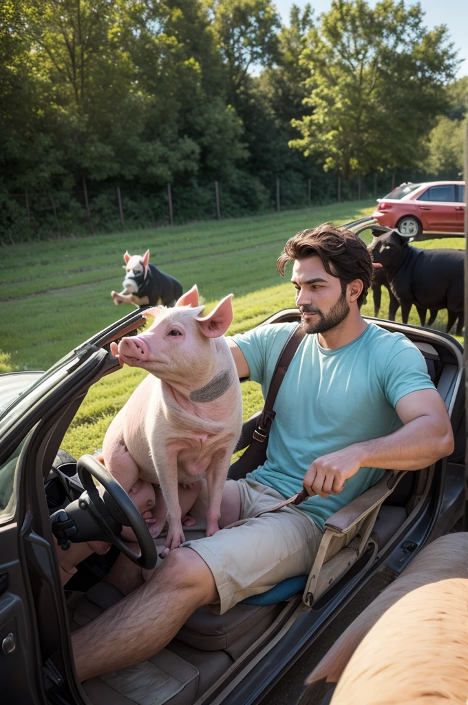 A man being driven from a farm by his animals, with a pig as its main
