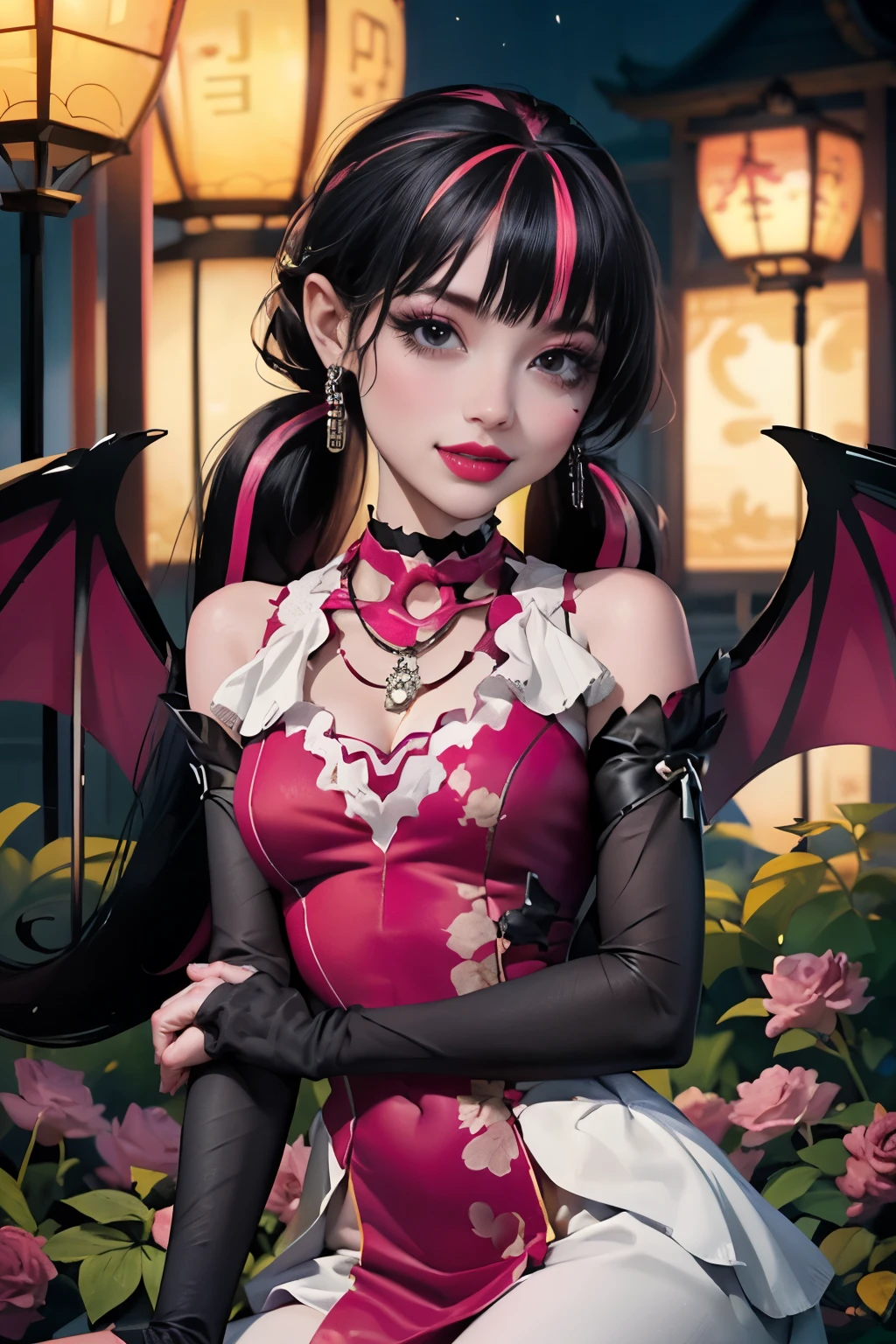 1 girl, a girl with bat wings on her back, perfectly hands, perfectly body, black choker, bat necklace, necklace, centered, bat jewelry, succubus, award winning upper body portrait, cowboy shot, (looking at viewer:1.2), |
Draculaura_MH, solo, black half hair, pink half hair, multicolored hair, long hair, ornamental Chinese hair, ornament hair, geisha style, tradicional chinese style, Chinese dress, pink details on the dress, white dress, pink knee boots, smiling, garden scenery, chinese lanterns, dark red roses on focus, Chinese lantern rite, temple, garden, depth of field, cinematic composition, ((high quality)), ((Work of art)), (more detail), half black hair, half soft pink hair, wave hair, pink heart in the eyes, smile, vampire fangs, bat wings, white dress, black dress with transparency, pink laces, black gloves, black high socks, high hills boots, bat jewelry, jewelry, seat on the grass, dark red roses on focus, Draculaura_(monster high), Monster High, looking at the viewer, more details on the clothes,