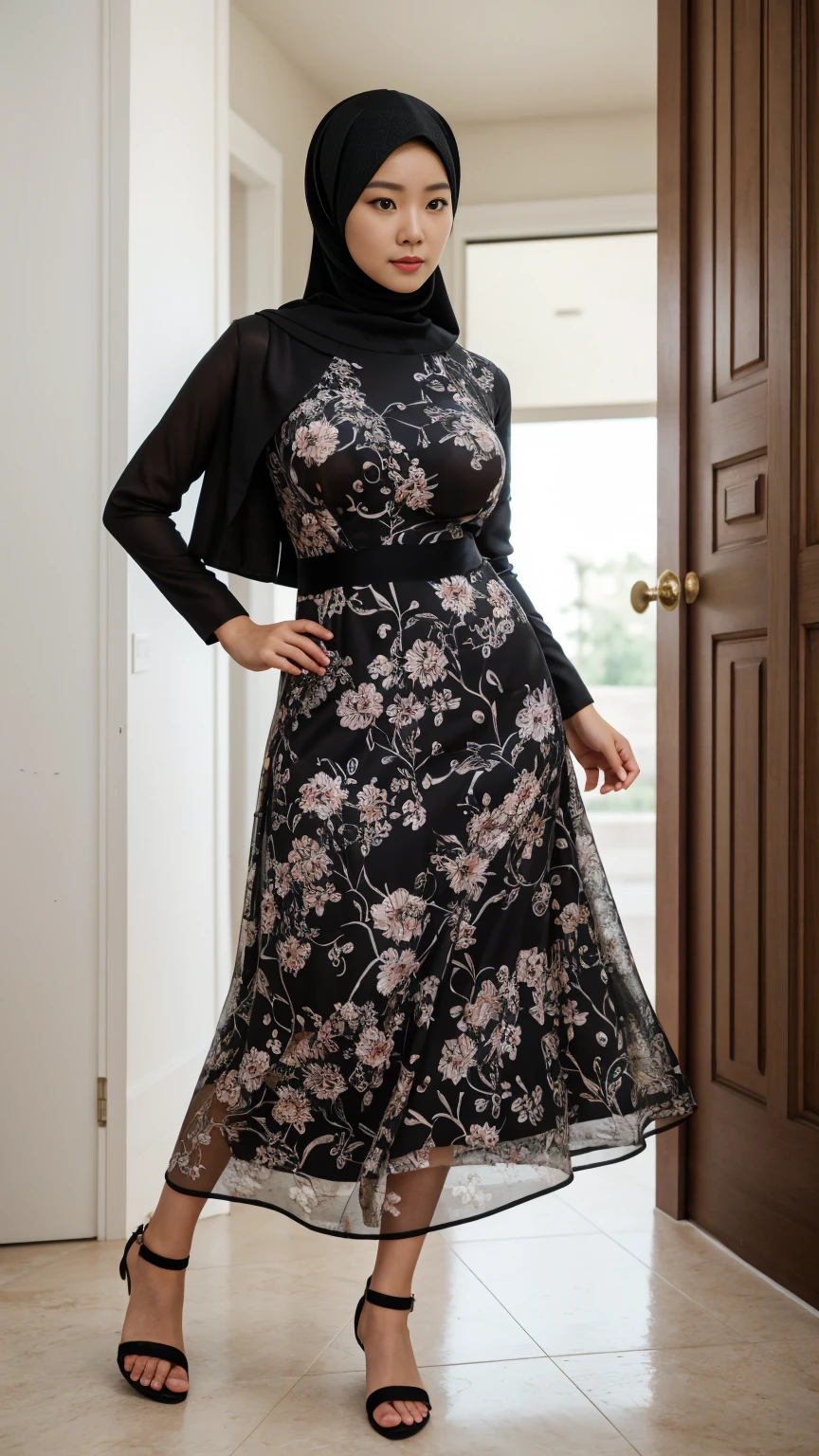 Full body shot of (abbie_cornish:0.6) Korean girl wearing a hijab, casual shirt, casual dress, long skirt, sandals, in a kitchen,face incredibly detailed, lips, realistic skin, solo,medium breasts,skin tight, puffy ,facial, masterpiece,best quality, Intricate, High Detail, dramatic, front view, wide view,RAW, Best quality, high resolution, masterpiece: 1.3), beautiful Korean woman in hijab, perfect hijab, Masterpiece, perfect fit body, big breast,big gorgeous eyes, Soft smile,beautiful face,thick thighs, woman in a black and white floral dress standing in front of a green door, modest flowing gown, beautiful soft silky dress, beautiful silky dress, beautiful detailed dress, stylish dress, swirly flower dress, wearing a long flowery dress, full covered dress, delicate patterned, long dress female, frock, flowery dress, baroque dress, lady with glowing flowers dress , (Delicate turtleneck) , Excellent lighting, Bright colors, Clean lines,