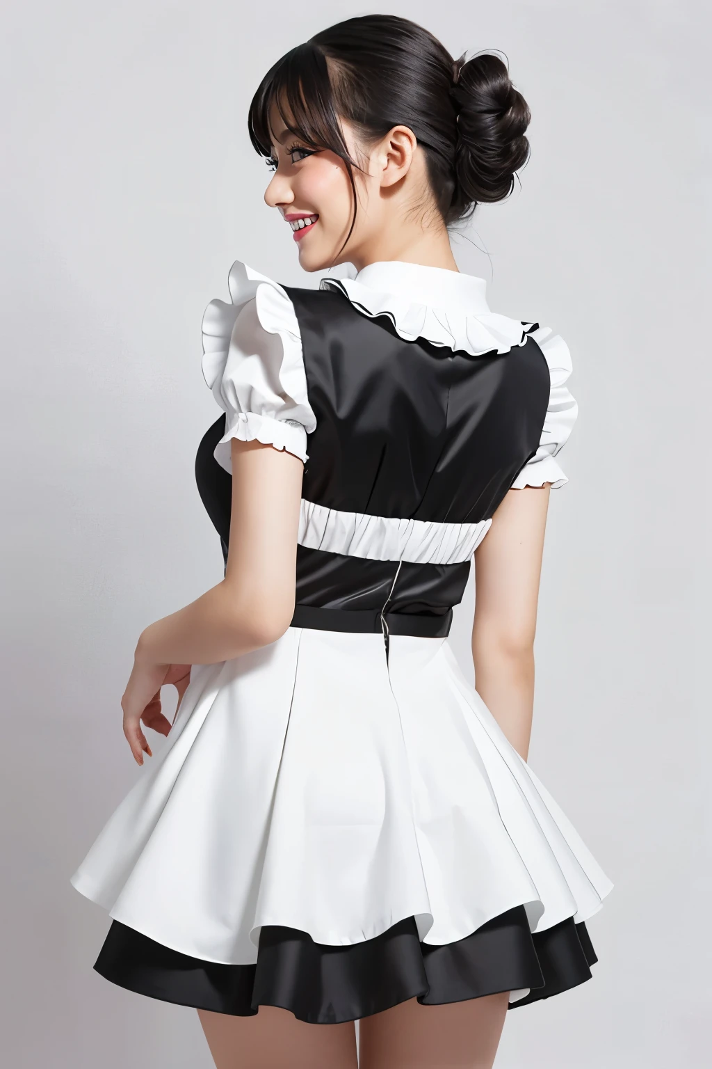 (Highest quality、Tabletop、8K、Best image quality、Award-winning works)、Beautiful maid、(Perfect black and white luxury short maid dress:1.2)、(Maid dresses with miniskirts:1.2)、(Boldly expose your thighs:1.1)、(A luxurious maid dress with elegant decorations:1.2)、(Rear view:1.4)、(The simplest pure white background:1.3)、Biggest Smile、Smiling with beautiful teeth、Large Breasts