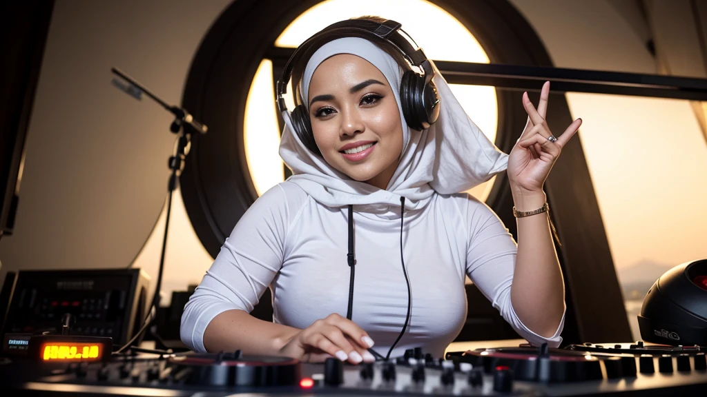 Close up),RAW, Best quality, high resolution, masterpiece: 1.3), Beautiful Malay woman in hijab,Karya, fit body, big breast,sthick thighs,big beautiful eyes, Soft smile, beautiful face,muslim woman Wearing silver DJ headphones, Smile while DJing on stage, full body shot of, The spotlight shines on the female DJ. Photorealistic photography by Disco Lighting, (cute round face:1.3), perfect fingers, five fingers, beautiful hands, perfect hands. master peace, cute smile, full body picture, wearing white leggings, casual pose, with sunset, with mountains in the background, casual clothing style, with beautiful exotic, wearing casual clothes, wearing elegant casual clothes, wearing casual clothing.