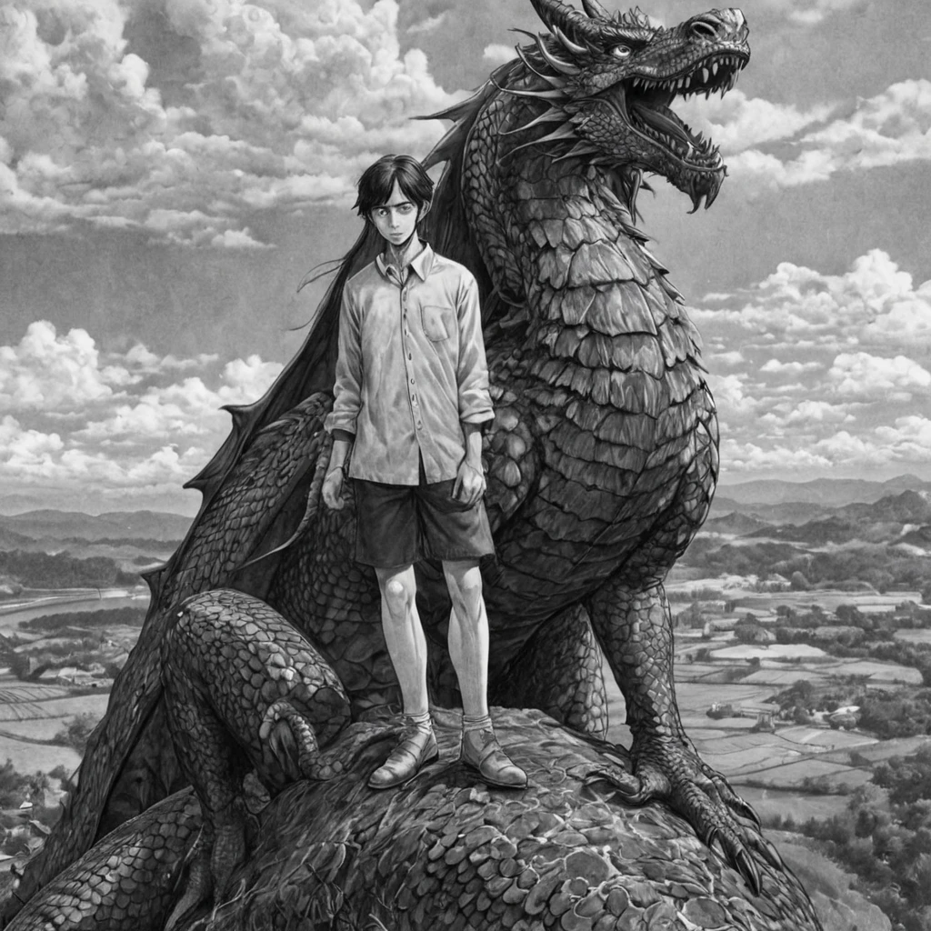 viking, on top of a dragon, (anime), bizarre scenario, This is Junji, Yusuke Murata, black and white, 8K, anime, horror