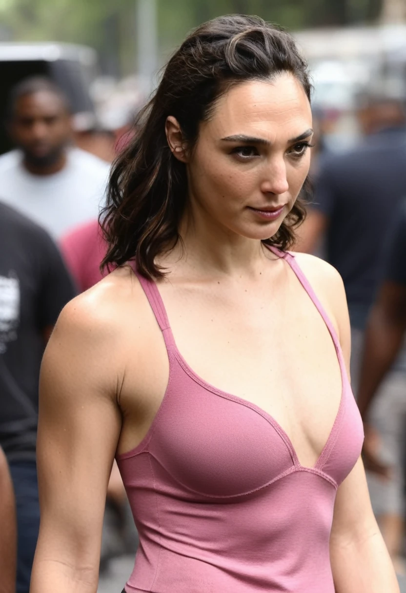 high quality random paparazzi photograph (GalGadot , housewife , mother, slim fit figure, flat breast , random angle, broad shoulders , pale white skin, sweaty ) random erotic photograph , she is wearing a sweaty dark pink color tshirt , random move ,seductive, exhausted woman ( depth of field, insanely detailed skin texture, extremely detailed face, hyper detailed features )