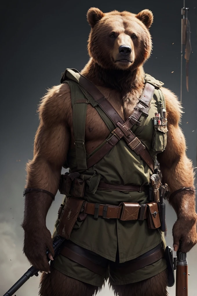 A brown bear  with weapons, ammunition.  war clothes and scars.  fierce and hostile appearance.  blood background