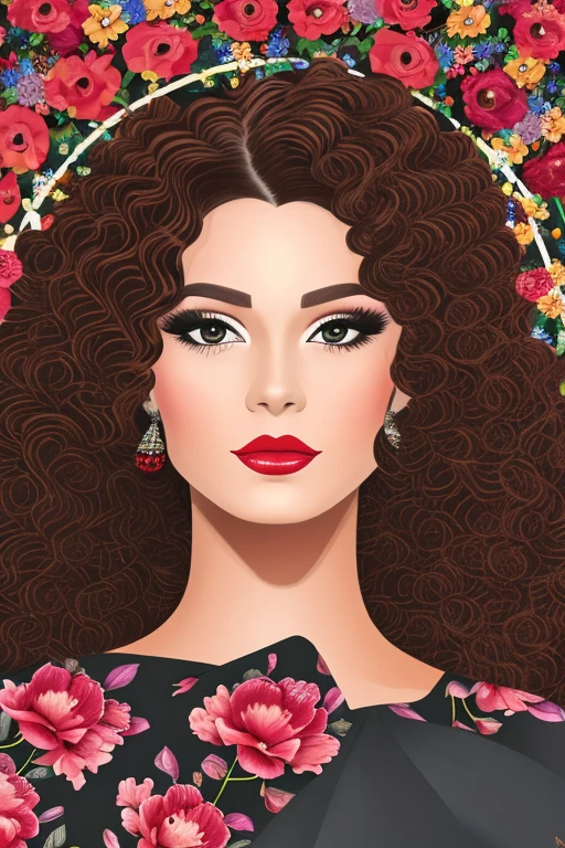 The image depicts a striking woman with a flowing, curly head, a red lipstick perched atop her head, and a deep brown coat showcasing her lips. She wears a flowing black dress and a sparkling red lipstick, with the word "Metropolitan" written above her head. Her vibrant, brown eyes stare gracefully at the camera, while the vibrant flowers and trees surround her. The background is a deep, textured gray, reminiscent of a Mexican sunset.
