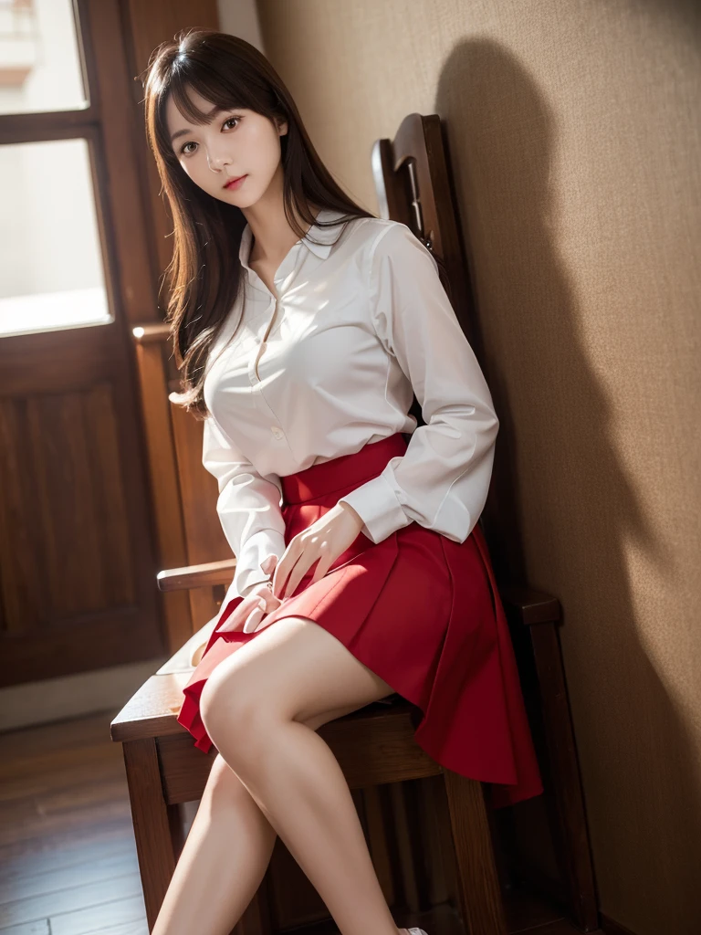 Red mid-length skirt 、White blouse、(Highest quality)、((Very detailed))、4K、(8K)、masterpiece、Super detailed、Highest quality、Super Resolution、One person、Kind Face、Soft Light、Raw quality、Soft Skin、Heel、Thighs、163cm