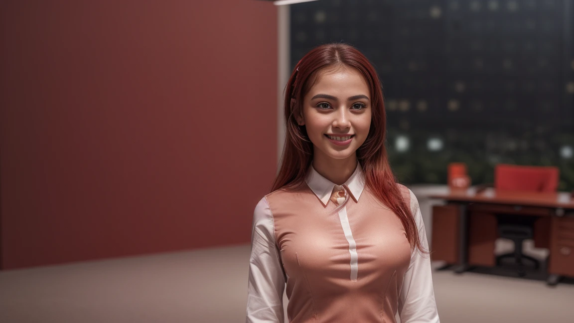 8k, masterpiece, RAW photo, best quality, photorealistic, extremely detailed CG unity 8k wallpaper, Depth of field, Cinematic Light, Lens Flare, Ray tracing, (extremely beautiful face, beautiful lips, beautiful eyes), intricate detail face, ((ultra detailed skin)), ((1girl:1.9)), ((standing alone:1.9)), ((19years old)), (beautiful and aesthetic:1.2), (big smile:1.2), deep shadow, (sharp focus), [((Raiana-Elizabeth-Dilla:1.9))], pretty girl, (very slim slender fit-muscled body:1.9), (((business-style fashion:1.9))), (((modern office background:1.9))), (shiny skin), clear eyes, (pale skin), soft lighting, (flowing dark-black hair), (looking at viewer:1.9),highly detailed, ultra realistic, extremely detailed and realistic ((red:1.9)) clothes.