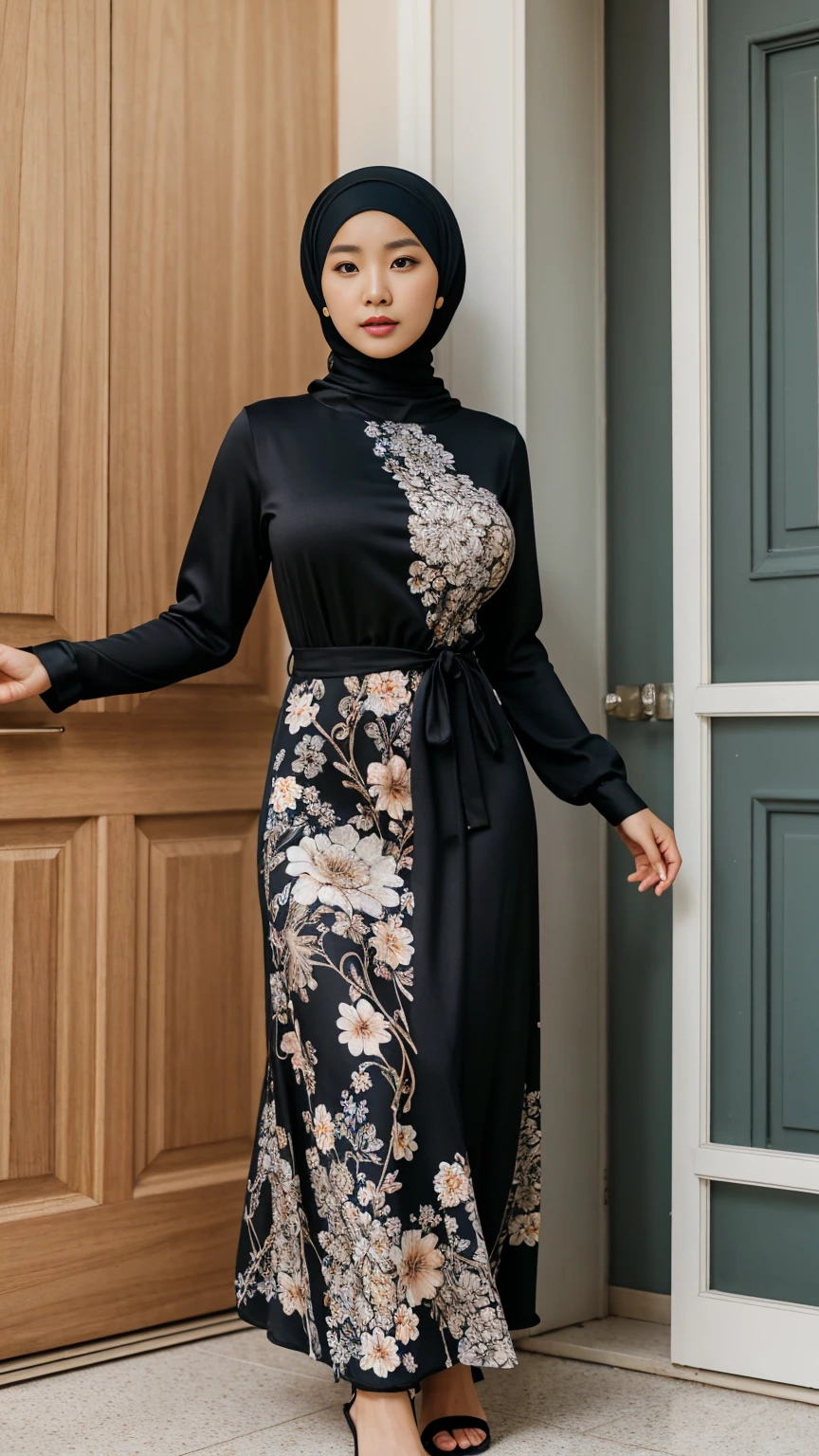 Full body shot of (abbie_cornish:0.6) Korean girl wearing a hijab, casual shirt, casual dress, long skirt, sandals, in a kitchen,face incredibly detailed, lips, realistic skin, solo,medium breasts,skin tight, puffy ,facial, masterpiece,best quality, Intricate, High Detail, dramatic, front view, wide view,RAW, Best quality, high resolution, masterpiece: 1.3), beautiful Korean woman in hijab, perfect hijab, Masterpiece, perfect fit body, big breast,big gorgeous eyes, Soft smile,beautiful face,thick thighs, woman in a black and white floral dress standing in front of a green door, modest flowing gown, beautiful soft silky dress, beautiful silky dress, beautiful detailed dress, stylish dress, swirly flower dress, wearing a long flowery dress, full covered dress, delicate patterned, long dress female, frock, flowery dress, baroque dress, lady with glowing flowers dress , (Delicate turtleneck) , Excellent lighting, Bright colors, Clean lines,