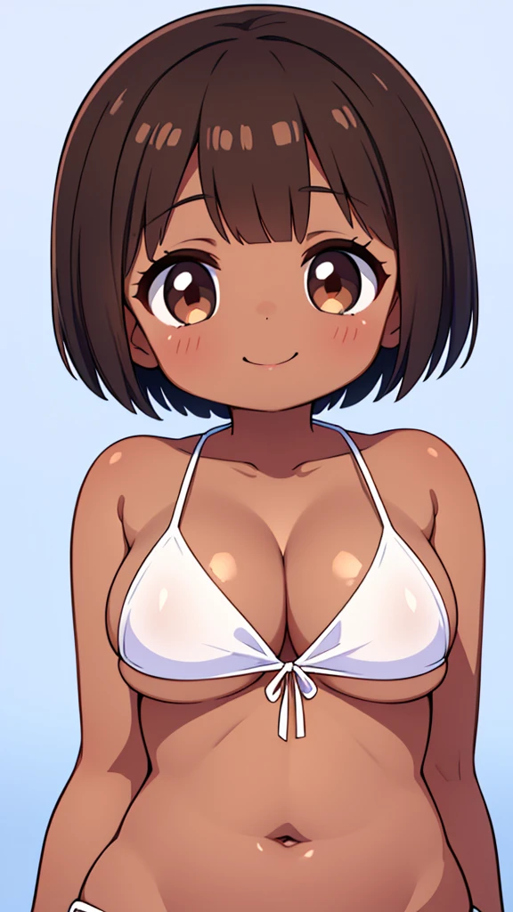 Beautiful young girl , Beautiful round breasts,Bust up front,Beautiful upturned breasts,G-Cup, Narrow waist,Brown skin,Short Bob,Baby Face, bikini top,(((Enlarged view of the upper body))),View from the front, Cleavage is clearly visible,Keep your head upright and smile,ID photo