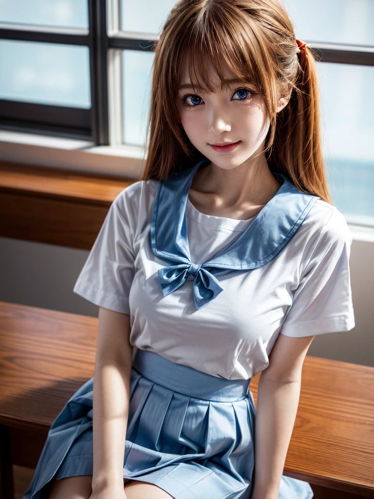 （8K, Highest quality, Pieces fly:1.2)、Ultra-high resolution、anime,1 very pretty girl,Asuka Langley,Highly detailed face, Fine grain,blue eyes,,White sailor collar plain short sleeve shirt,Light blue skirt,Light Blue Suspenders,uniform_Red ribbon,Orange Hair,Long Hair、Detailed hand and fingers,put your hands in your hair,Grin、sitting on desk,Shooting from above,classroom