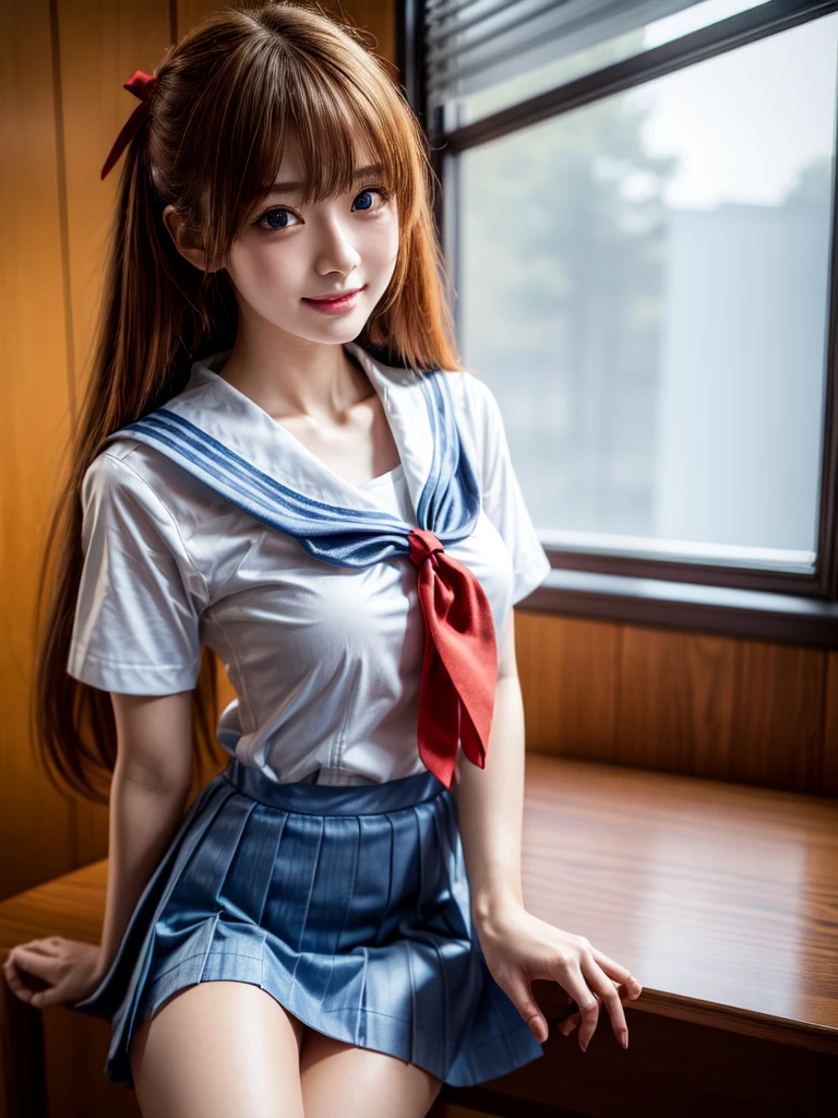 （8K, Highest quality, Pieces fly:1.2)、Ultra-high resolution、anime,1 very pretty girl,Asuka Langley,Highly detailed face, Fine grain,blue eyes,,White sailor collar plain short sleeve shirt,Light blue skirt,Light Blue Suspenders,uniform_Red ribbon,Orange Hair,Long Hair、Detailed hand and fingers,put your hands in your hair,Grin、sitting on desk,Shooting from above,classroom