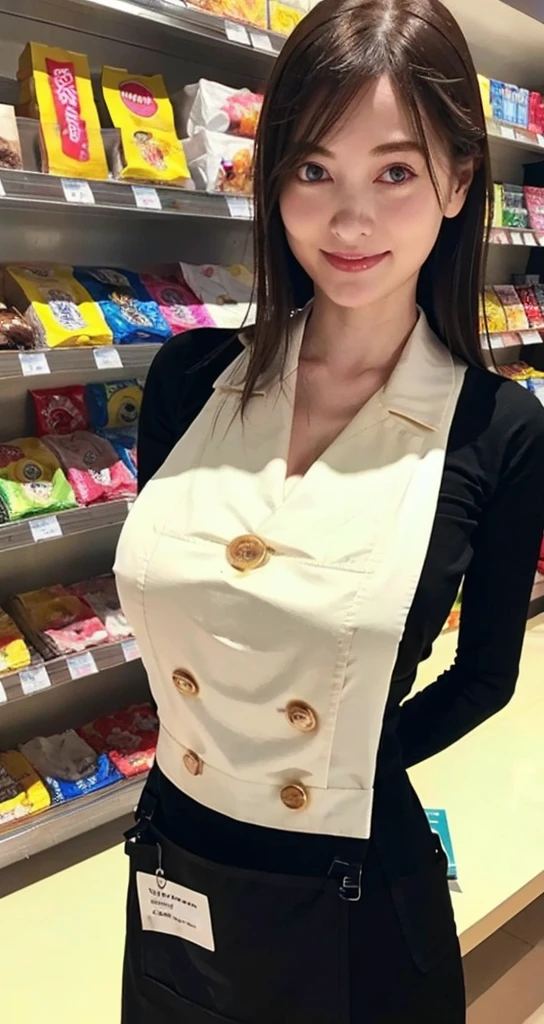 An absurd solution, High resolution, (masterpiece:1.4), ((Giant Breasted:1.6)), Super detailed, One girl, Brown eyes, Long black hair，Naked with an apron、Big Breasts、convenience store,